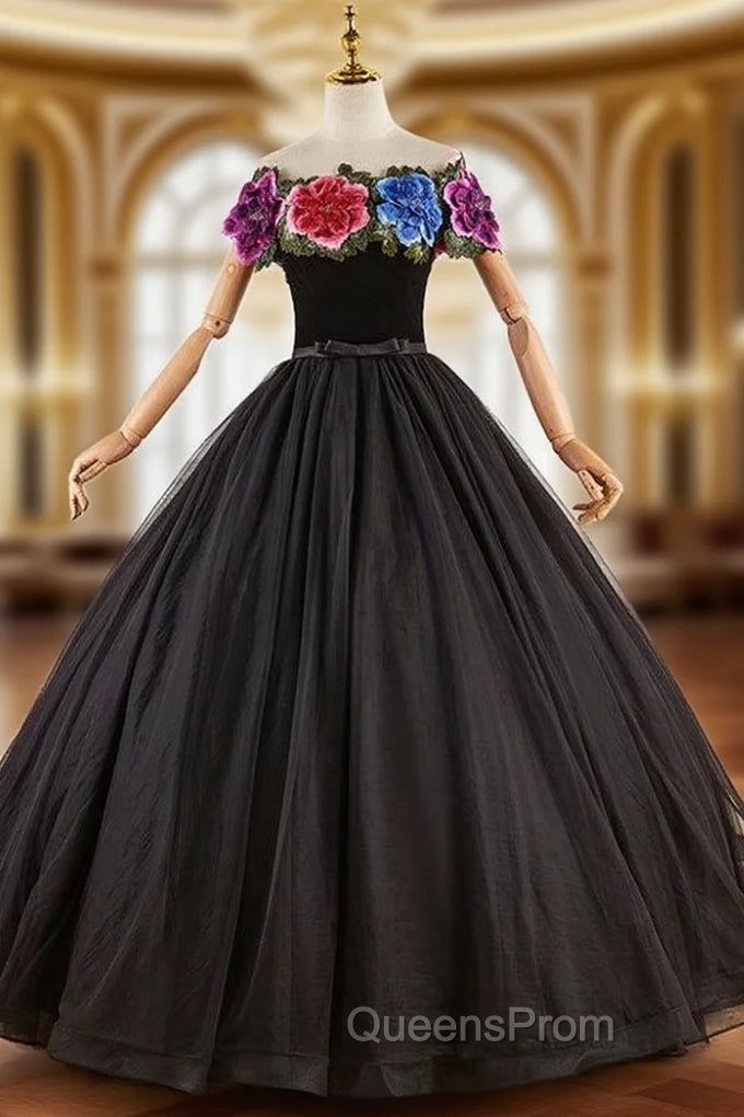 Black Tulle Embroidery Flower Quinceanera Dress