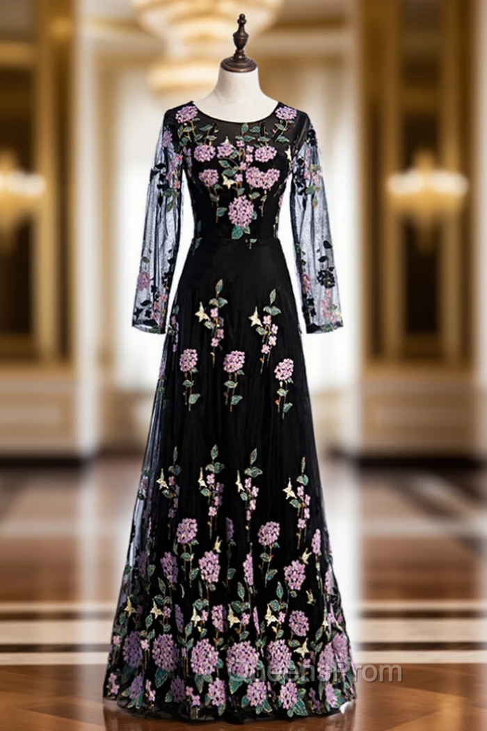 Black Tulle Embroidery Long Sleeve Scoop Evening Prom Dress