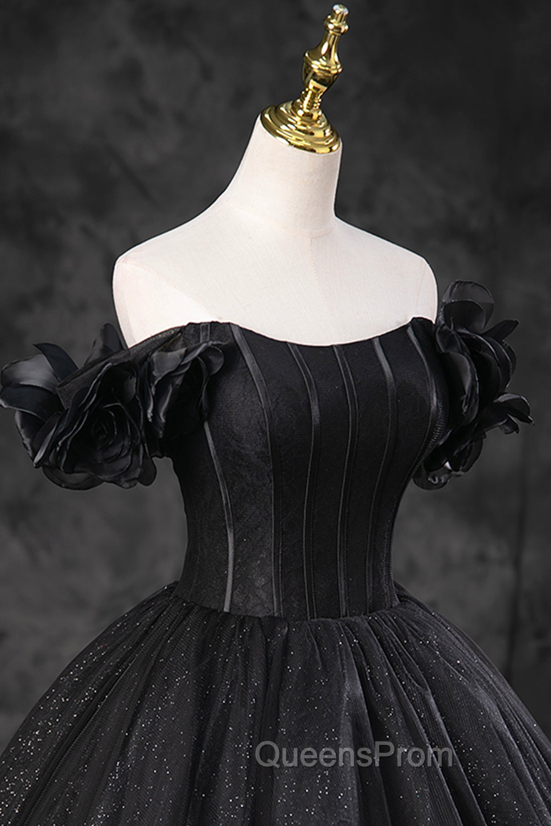 Black Tulle Floor Length A-Line Evening Prom Dress, Off the Shoulder Evening Party Dress