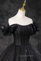 Black Tulle Floor Length A-Line Evening Prom Dress, Off the Shoulder Evening Party Dress