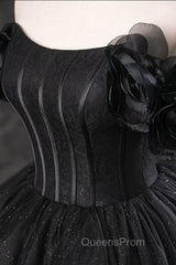 Black Tulle Floor Length A-Line Evening Prom Dress, Off the Shoulder Evening Party Dress