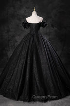 Black Tulle Floor Length A-Line Evening Prom Dress, Off the Shoulder Evening Party Dress