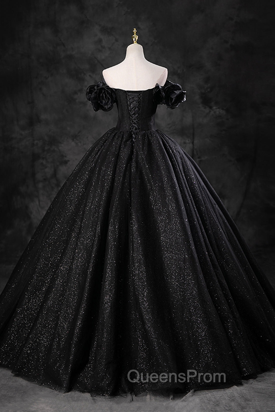 Black Tulle Floor Length A-Line Evening Prom Dress, Off the Shoulder Evening Party Dress