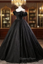 Black Tulle Floor Length A-Line Evening Prom Dress, Off the Shoulder Evening Party Dress