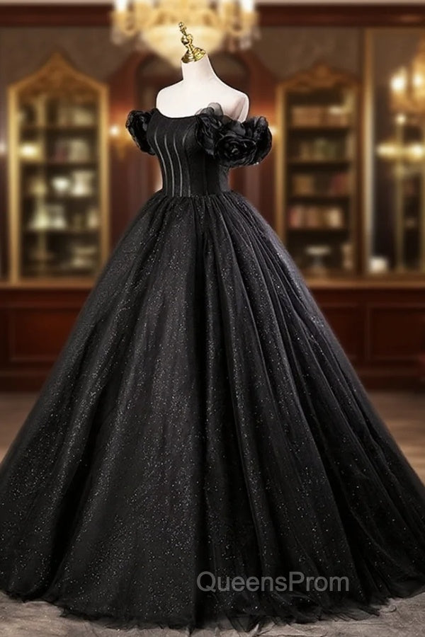 Black Tulle Floor Length A-Line Evening Prom Dress, Off the Shoulder Evening Party Dress