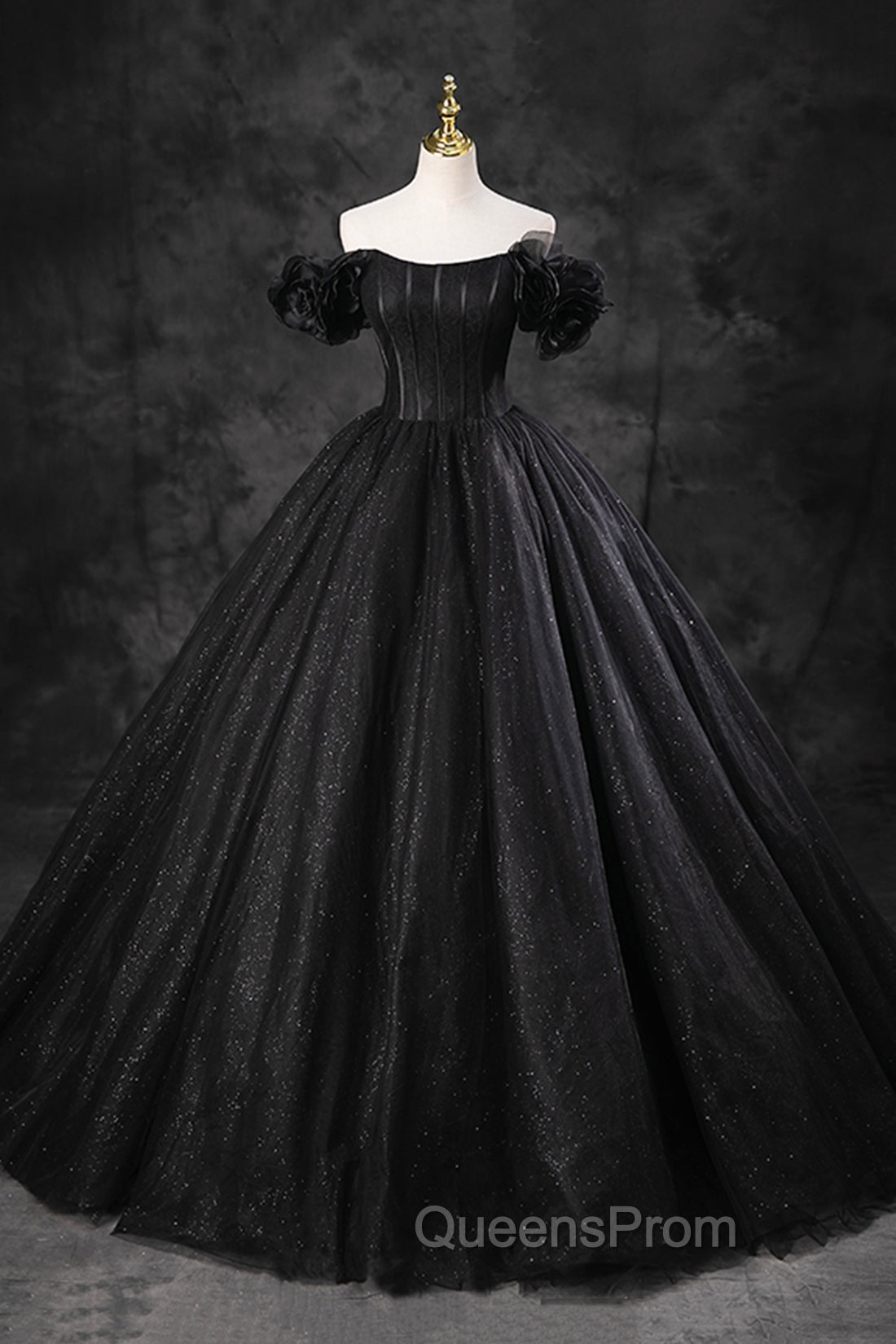 Black Tulle Floor Length A-Line Evening Prom Dress, Off the Shoulder Evening Party Dress Main image