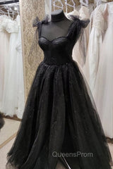 Black Tulle Floor Length Long Party Dress with Slit, Black Evening Dress