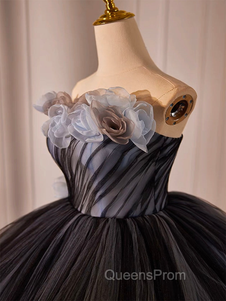 Black Tulle Flower Long Evening Prom Gown, Black Sweet 16 Dress Secondary image