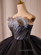 Black Tulle Flower Long Evening Prom Gown, Black Sweet 16 Dress