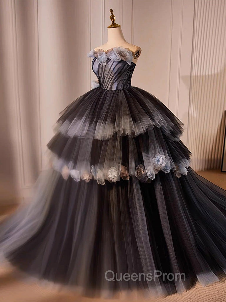 Black Tulle Flower Long Evening Prom Gown, Black Sweet 16 Dress