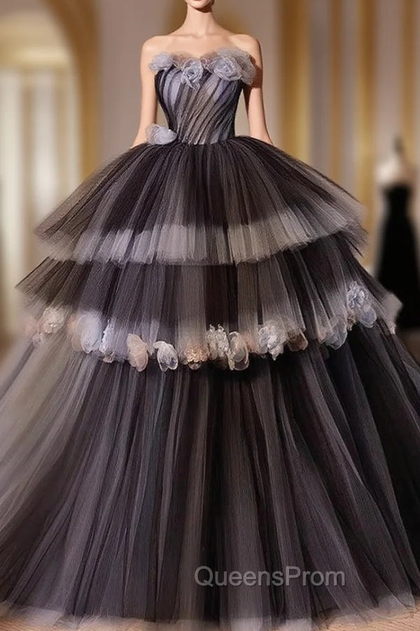 Black Tulle Flower Long Evening Prom Gown, Black Sweet 16 Dress Main image