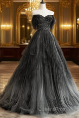 Black Tulle Gradient Long Party Dress With Beadings, Black Evening Dress Evening Prom Dress