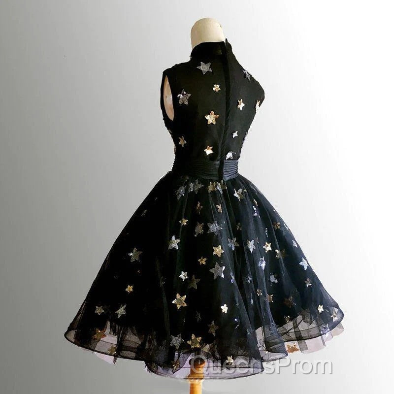 Black Tulle High Neckline Short Homecoming Dress, Black Short Evening Prom Dress Secondary image