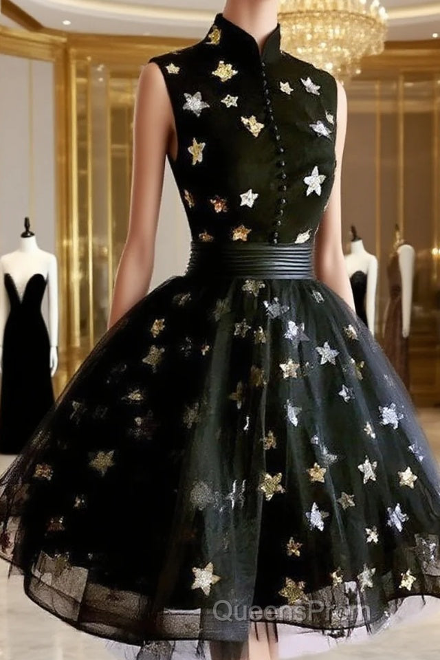 Black Tulle High Neckline Short Homecoming Dress, Black Short Evening Prom Dress Main image
