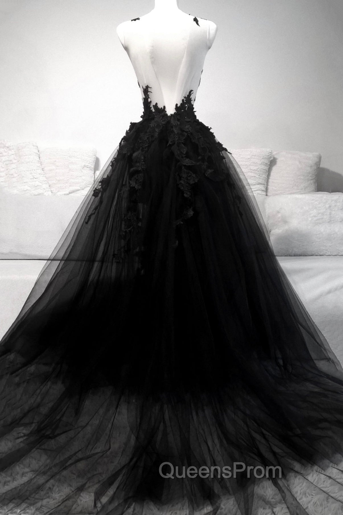 Black Tulle Lace Long A-Line Evening Prom Dress, Black V-Neck Evening Dress