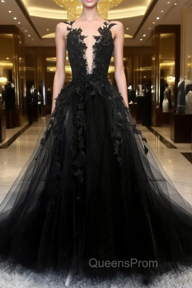 Black Tulle Lace Long A-Line Evening Prom Dress, Black V-Neck Evening Dress
