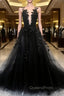 Black Tulle Lace Long A-Line Evening Prom Dress, Black V-Neck Evening Dress