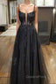 Black Tulle Lace Long Evening Prom Dress, A-Line Spaghetti Straps Evening Dress