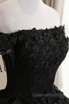 Black Tulle Lace Long Evening Prom Dress, Black A-Line Evening Gown