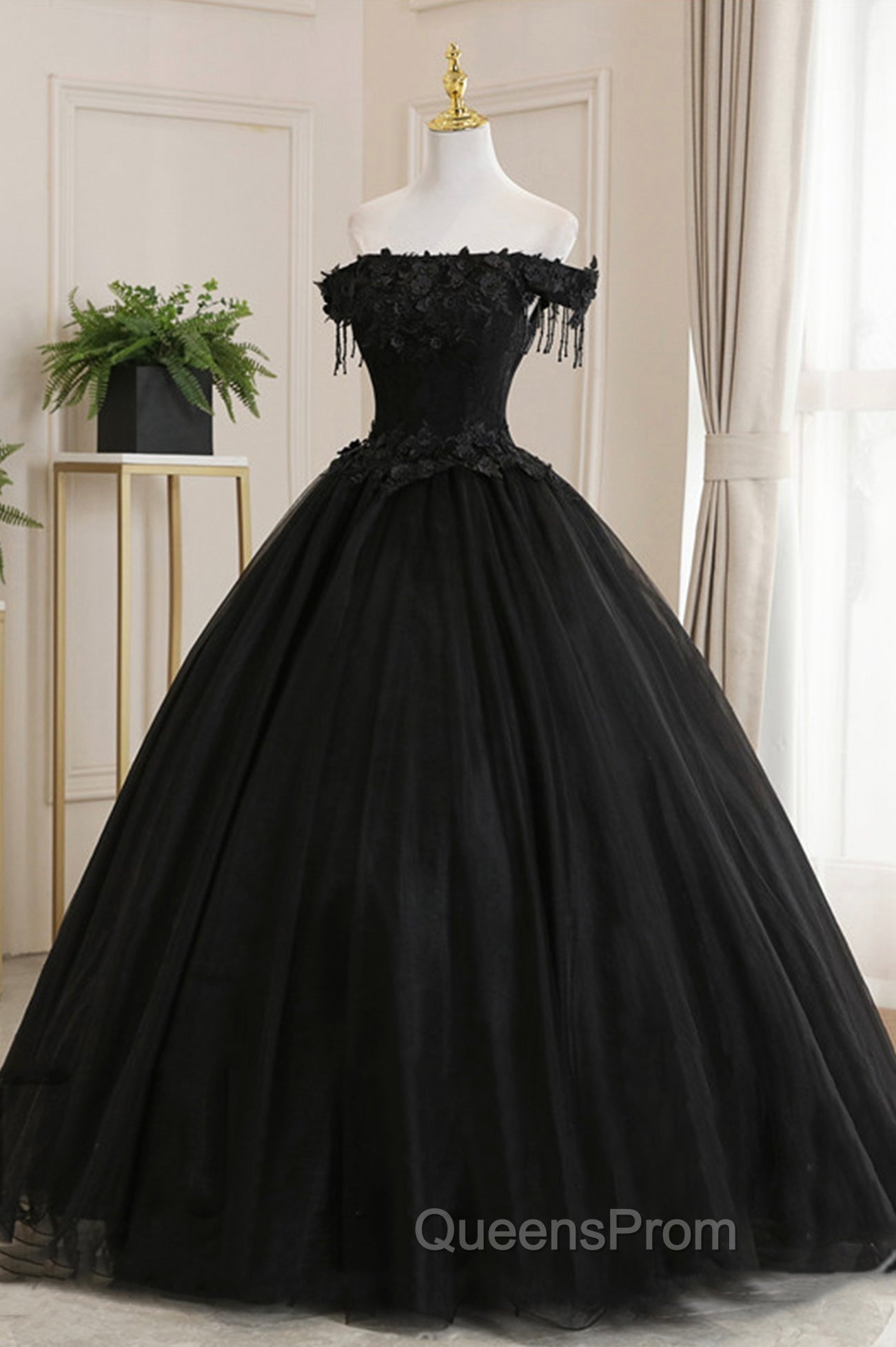Black Tulle Lace Long Evening Prom Dress, Black A-Line Evening Gown