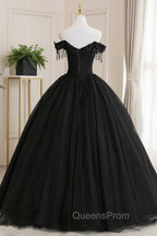 Black Tulle Lace Long Evening Prom Dress, Black A-Line Evening Gown