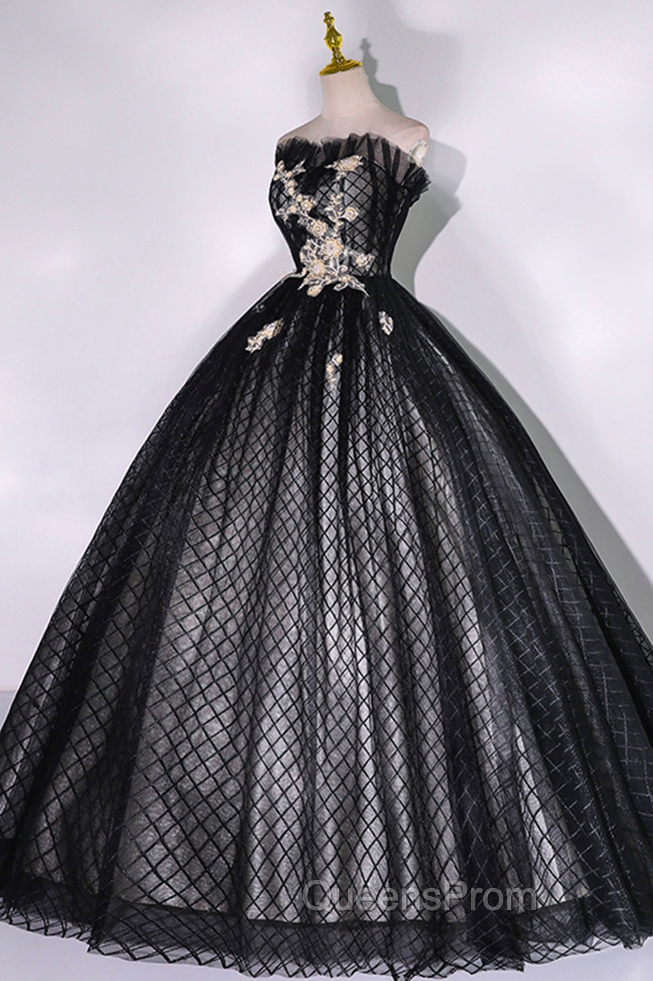 Black Tulle Lace Long Evening Prom Dress, Black A-Line Strapless Evening Gown Secondary image