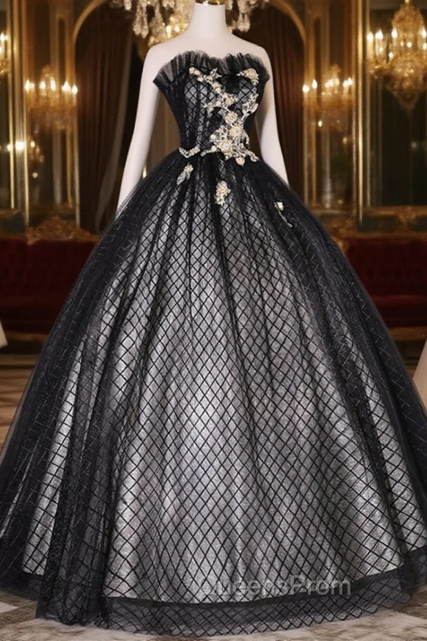 Black Tulle Lace Long Evening Prom Dress, Black A-Line Strapless Evening Gown