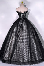 Black Tulle Lace Long Evening Prom Dress, Black A-Line Strapless Evening Gown