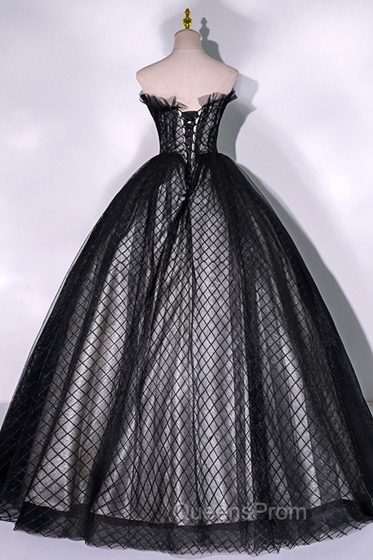 Black Tulle Lace Long Evening Prom Dress, Black A-Line Strapless Evening Gown