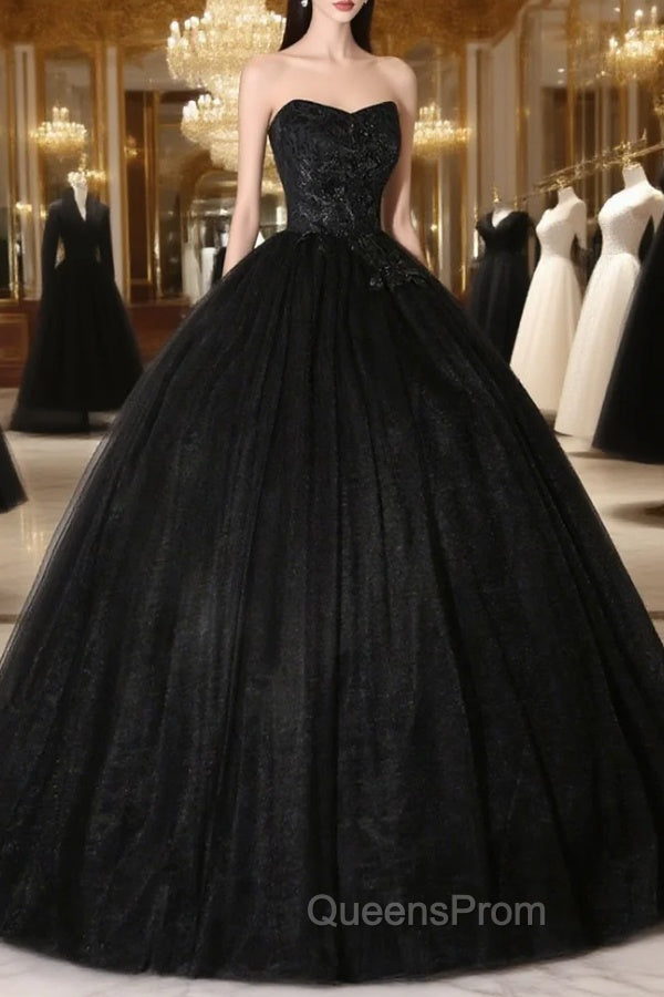 Black Tulle Lace Long Evening Prom Dress, Black Scoop Neckline Evening Party Dress