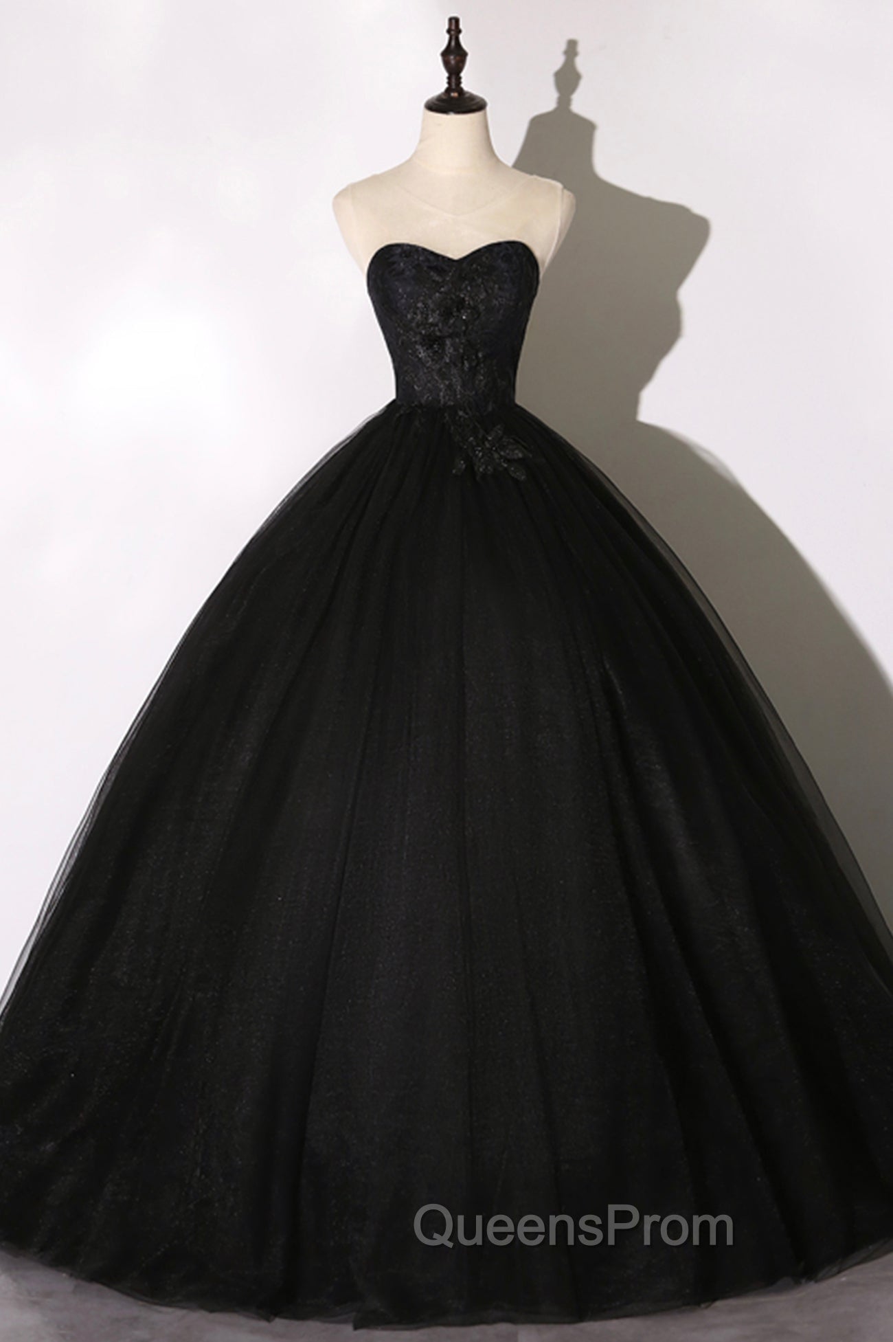 Black Tulle Lace Long Evening Prom Dress, Black Scoop Neckline Evening Party Dress Main image