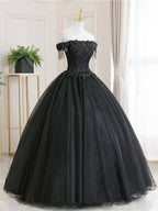 Black Tulle Lace Long Classy Prom Dress, Black Tulle Lace Prom Dress