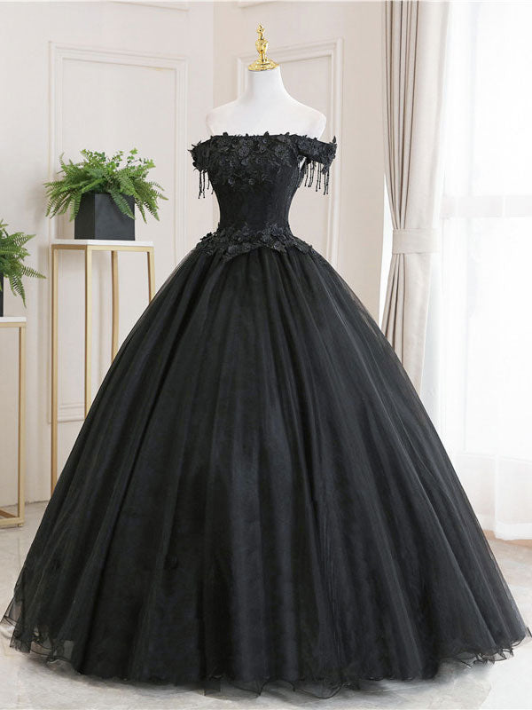 Black Tulle Lace Long Classy Prom Dress, Black Tulle Lace Prom Dress