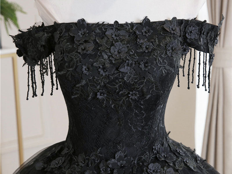 Black Tulle Lace Long Classy Prom Dress, Black Tulle Lace Prom Dress