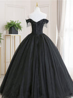 Black Tulle Lace Long Classy Prom Dress, Black Tulle Lace Prom Dress