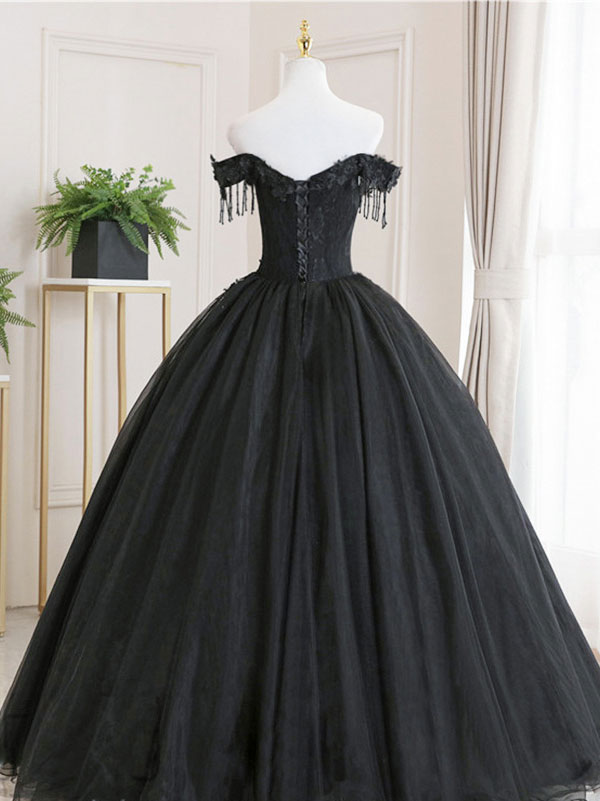 Black Tulle Lace Long Classy Prom Dress, Black Tulle Lace Prom Dress