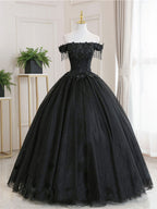 Black Tulle Lace Long Classy Prom Dress, Black Tulle Lace Prom Dress