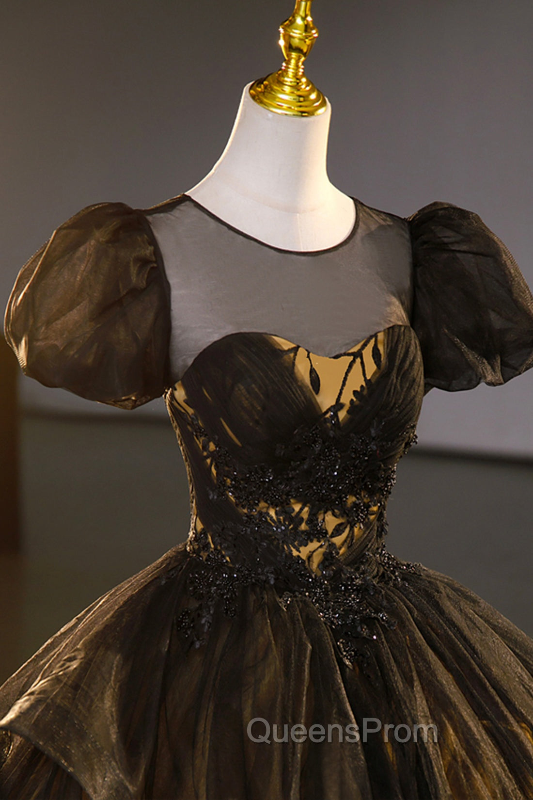 Black Tulle Lace Long Evening Prom Dress, Black Short Sleeve Evening Dress Secondary image
