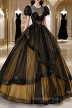 Black Tulle Lace Long Evening Prom Dress, Black Short Sleeve Evening Dress