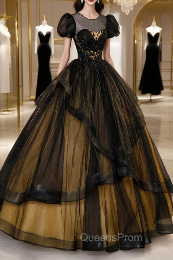 Black Tulle Lace Long Evening Prom Dress, Black Short Sleeve Evening Dress
