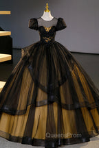 Black Tulle Lace Long Evening Prom Dress, Black Short Sleeve Evening Dress