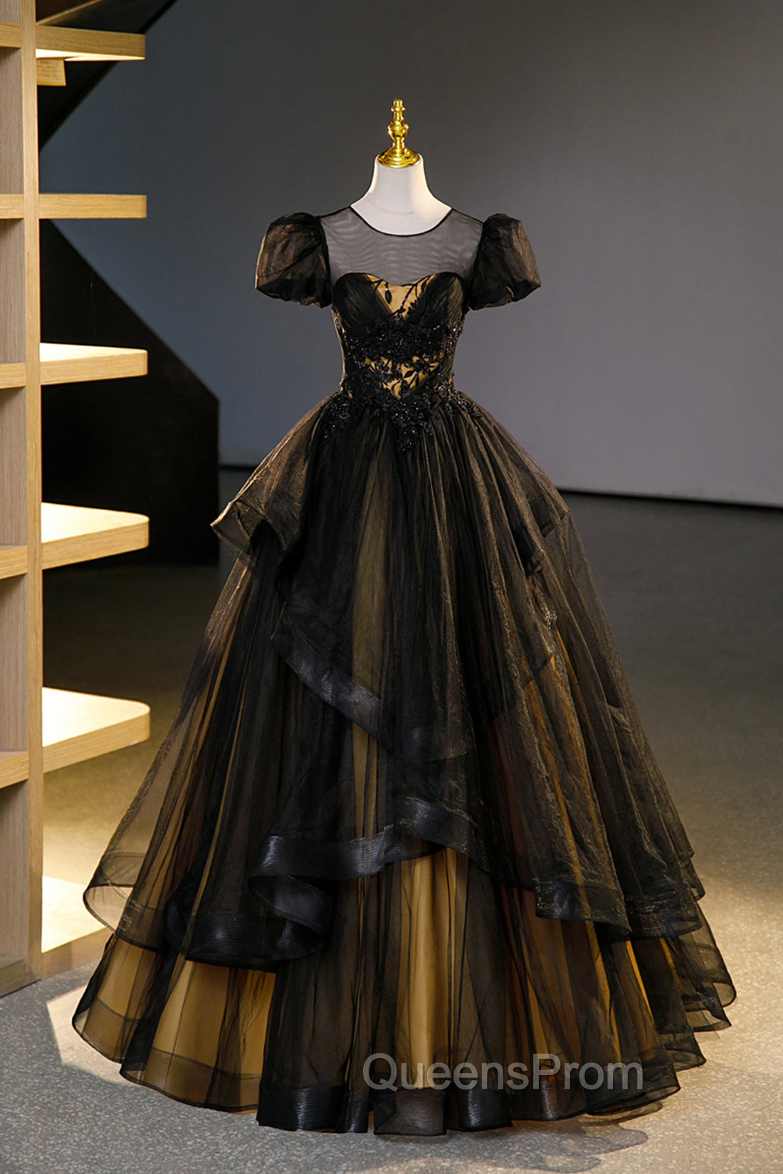 Black Tulle Lace Long Evening Prom Dress, Black Short Sleeve Evening Dress Main image