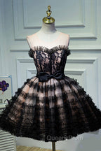 Black Tulle Lace Short Evening Prom Dress, A-Line Black Homecoming Dress