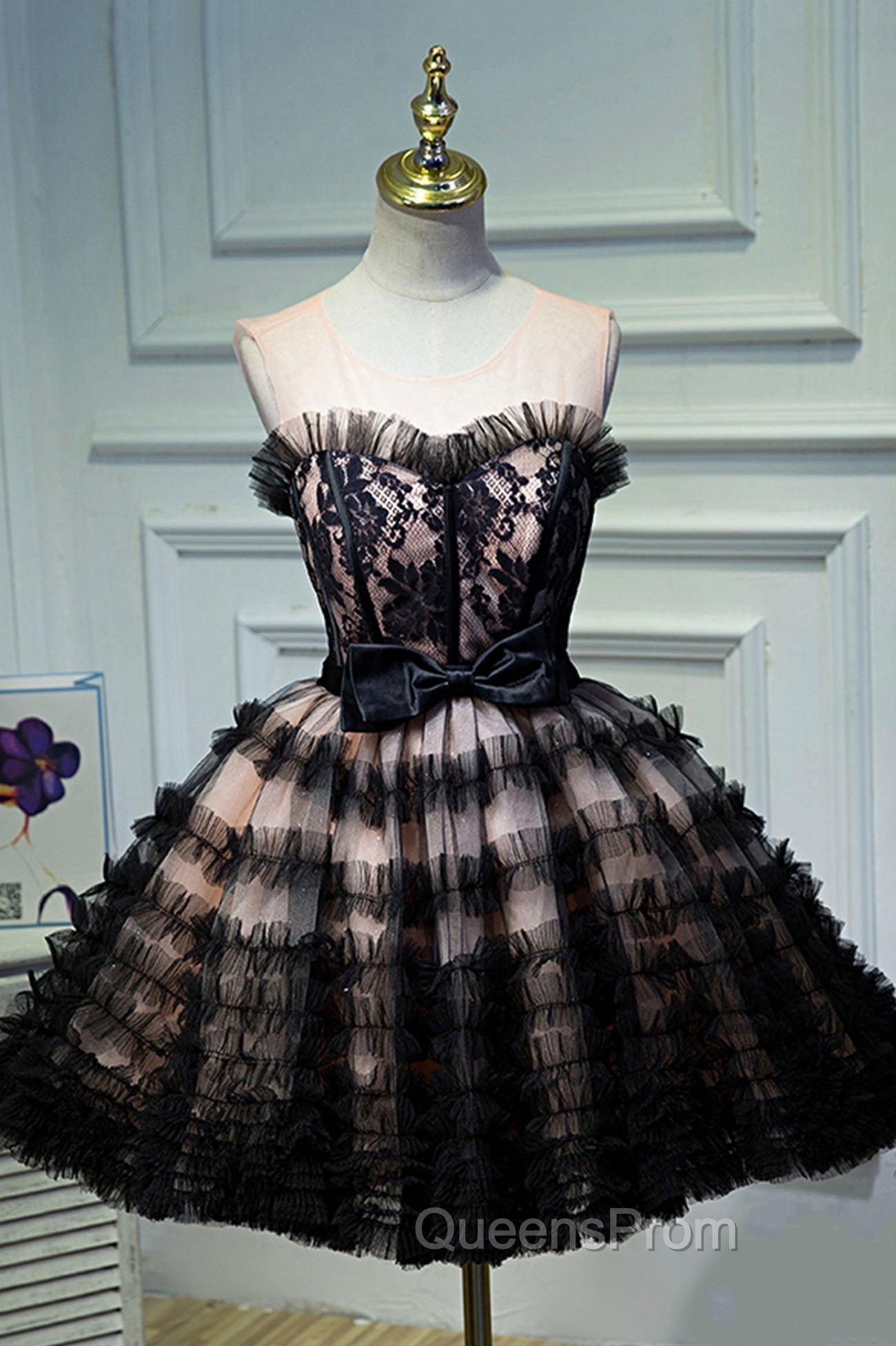 Black Tulle Lace Short Evening Prom Dress, A-Line Black Homecoming Dress