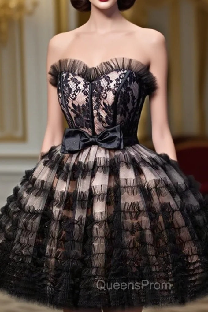 Black Tulle Lace Short Evening Prom Dress, A-Line Black Homecoming Dress Main image