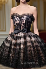 Black Tulle Lace Short Evening Prom Dress, A-Line Black Homecoming Dress