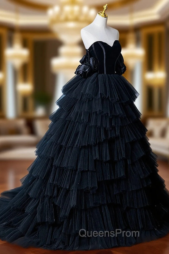 Black Tulle Layers Long Evening Dress, Black A-Line Strapless Evening Dress Main image