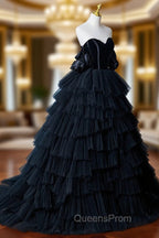 Black Tulle Layers Long Evening Dress, Black A-Line Strapless Evening Dress