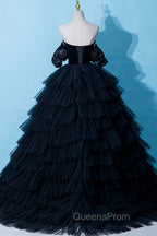Black Tulle Layers Long Evening Dress, Black A-Line Strapless Evening Dress