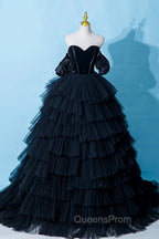 Black Tulle Layers Long Evening Dress, Black A-Line Strapless Evening Dress